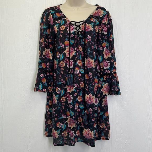 Nanette Lepore - Bright Floral Viscose Lace Up Long Sleeve Mini Dress Size Small - Picture 2 of 12